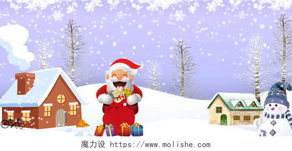 卡通手绘圣诞老人雪景建筑圣诞节海报背景